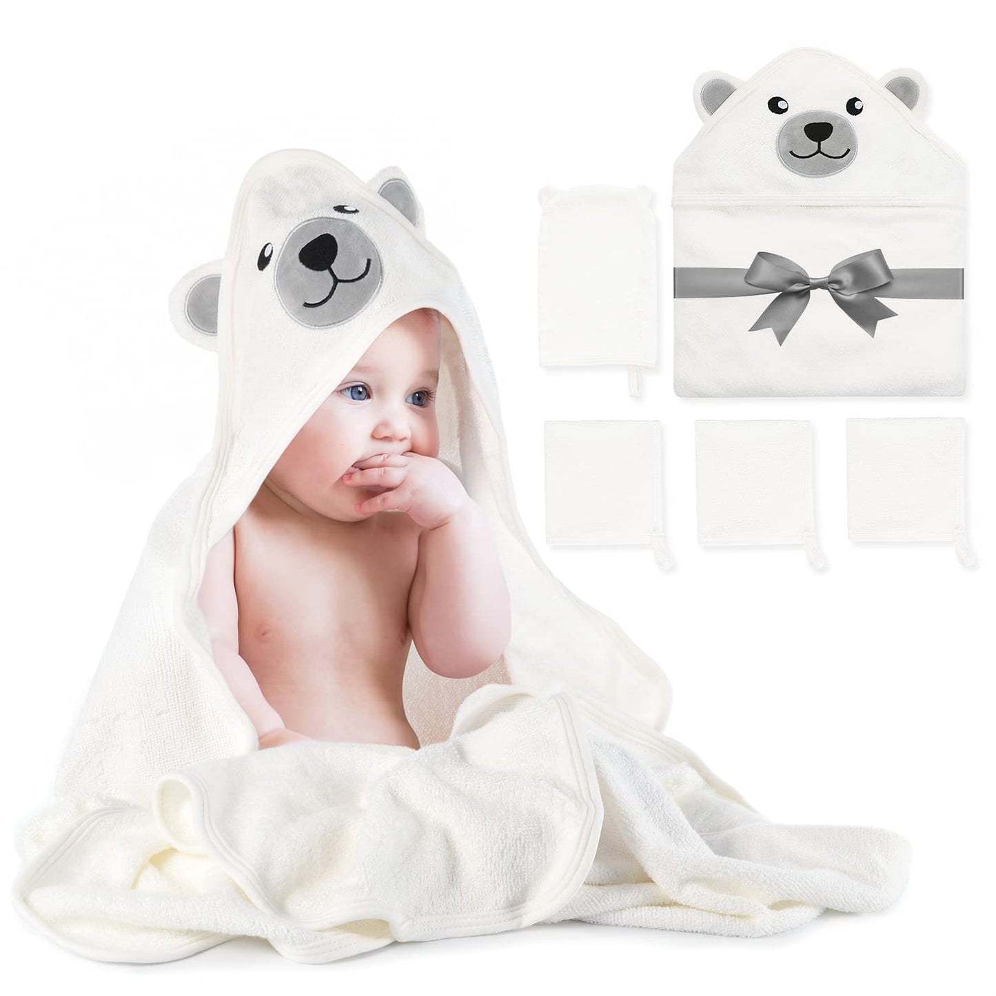 Momcozy Baby Bath Towel Set - Towel with Hood and Baby Washcloth
