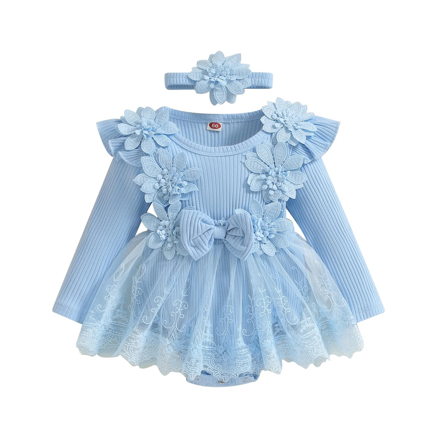 Beautiful Baby Tulle Party Princess Dress: Long Sleeve Lace Flower Tutu Romper Dress- Newborn (Blue 0-3 Months)