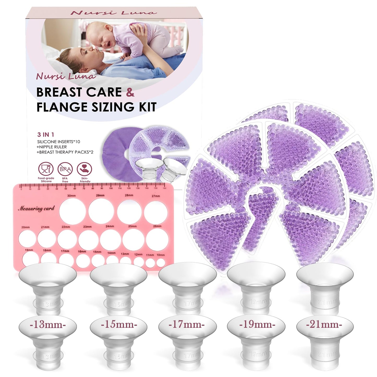Nursi Luna Flange Sizing Kit with Flange Inserts 13/15/17/19/21mm 10PCS Nipple Ruler Tool 2 Hot and Cold Breast Therapy Packs Flange Insert for 24mm Pump Breastfeeding Essential Kit for New Moms