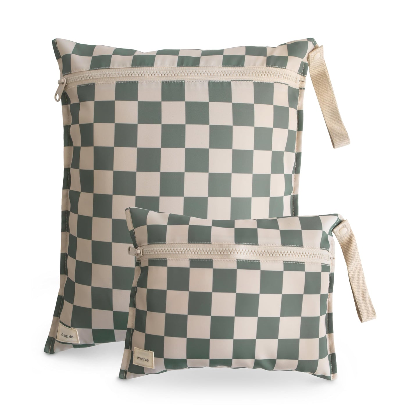 mushie Water Resistant Wet Bags | Large & Small Reusable Storage Bag for Baby Items and Travel Set of 2 (Olive Check)