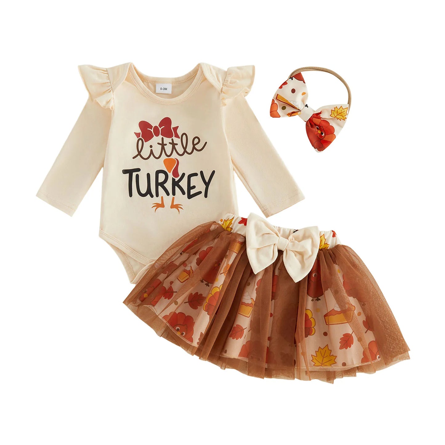 Adorable "My First Thanksgiving" 3 Pcs Outfit: Long Sleeve Romper and Mesh Skirt with Bow Headband - Set