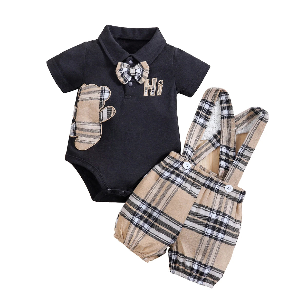 Handsome Plaid Bear Bodysuit & Suspenders Overall Newborn Outfits 0-18M