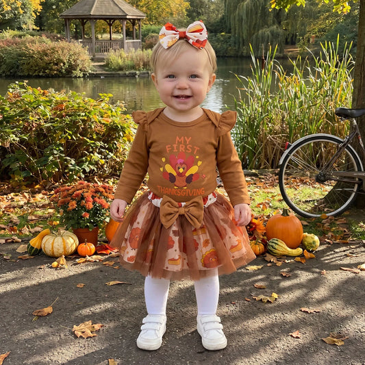 Adorable "My First Thanksgiving" 3 Pcs Outfit: Long Sleeve Romper and Mesh Skirt with Bow Headband - Set