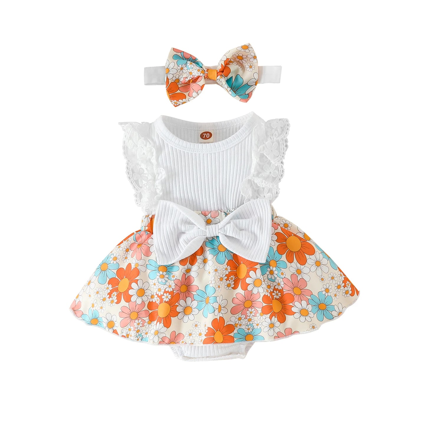 Adorable 2-piece Floral Baby Romper Dress and Bow Set 0-18M