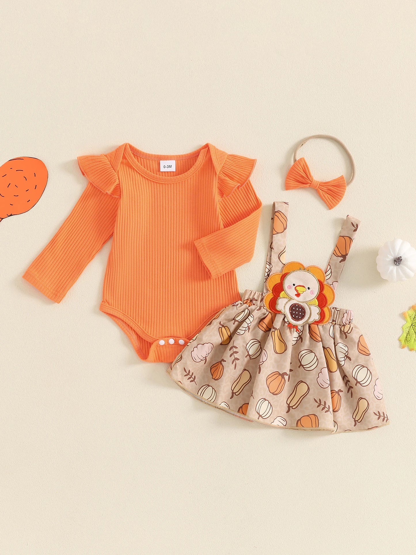 Harvest Dress: Long Sleeve Romper and Pumpkin Print Turkey Suspender-Skirt with Cute Headband (3 Piece)