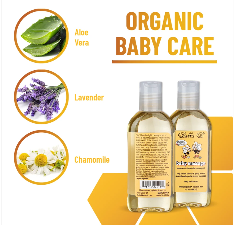 BELLA B Baby Massage Oil 3.3 oz - Baby Oil Organic - Infant Massage Oil Baby - Baby Massage Oil Organic - Organic Baby Oil Lavender - Lavender Baby Oil - Massage Oil Organic for Infants