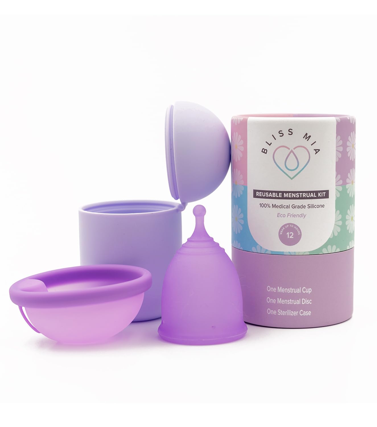 BlissMia Reusable Menstrual Cup & Disc Kit (Large) | 100% Soft Medical-Grade Silicone | Pull-Tab for Easy Removal | 12-Hr Wear | Heavy Flow Pad & Tampon Alternative | Sterilizer Case | No pH Problems