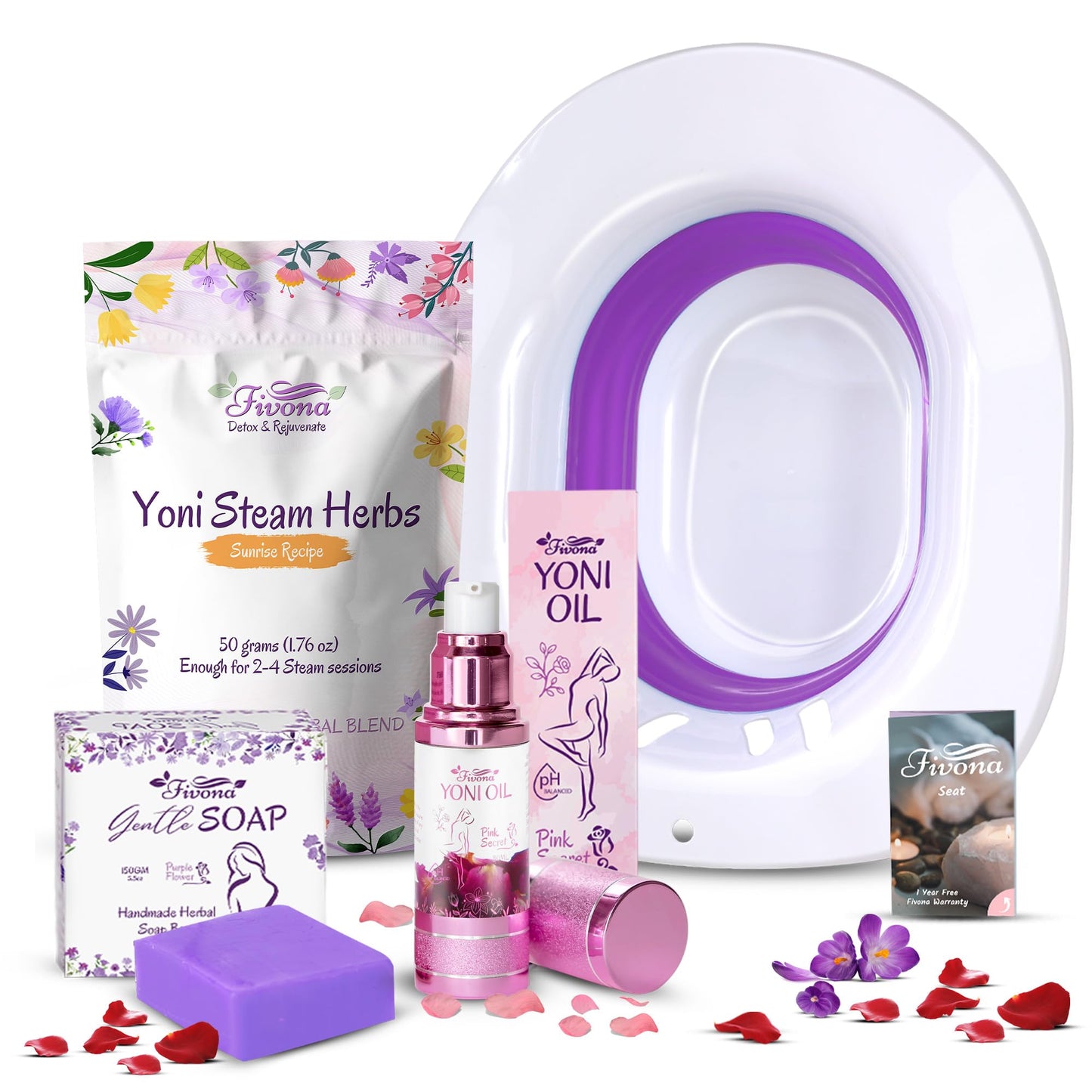 Fivona Yoni Care Kit 4 in 1 - pH Balanced Natural Yoni Oil Herbal Bar Soap for Feminine V Wash Detox V Stream Herbs Sunrise Foldable Sitz Bath Steam Pot