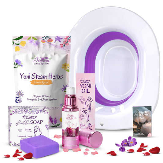 Fivona Yoni Care Kit 4 in 1 - pH Balanced Natural Yoni Oil Herbal Bar Soap for Feminine V Wash Detox V Stream Herbs Sunrise Foldable Sitz Bath Steam Pot