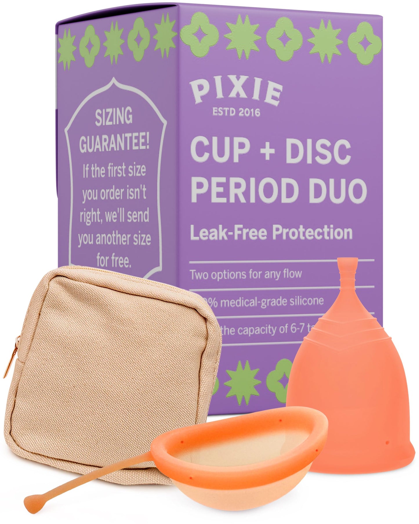 Pixie Menstrual Cup & Disc Duo - Ranked 1 for Most Comfortable Reusable Period Cup & Disc - Buy One We Give One - Includes Ebook Guide Flushable Wipes Lube Sanitizer & Storage Bag