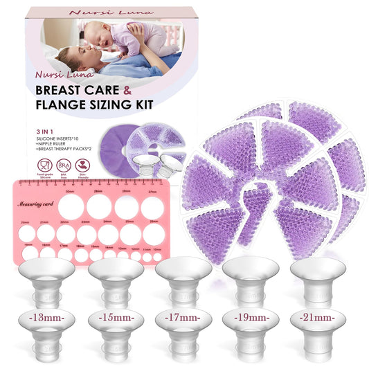Nursi Luna Flange Sizing Kit with Flange Inserts 13/15/17/19/21mm 10PCS Nipple Ruler Tool 2 Hot and Cold Breast Therapy Packs Flange Insert for 24mm Pump Breastfeeding Essential Kit for New Moms