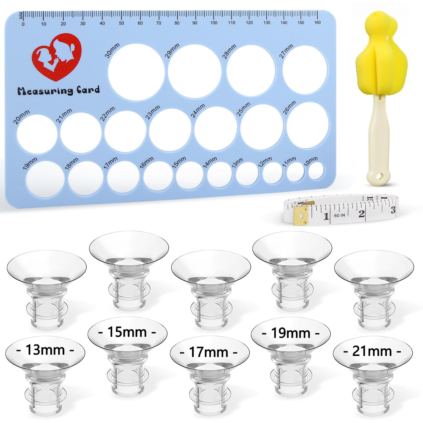 Flange Sizing Kit 10PCS Breast Pump Flange Inserts 13/15/17/19/21mm with Nipple Measuring Ruler Cleaning Brush Silicone Flange Sizer Measurement Tool Breastfeeding Essentials for 24mm Most Pumps