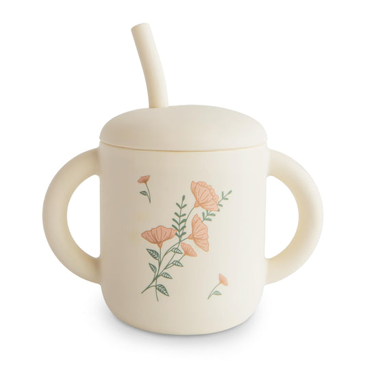 mushie 100% Silicone Training Cup & Straw for Toddlers | 6 Months+ (Pink Flowers)