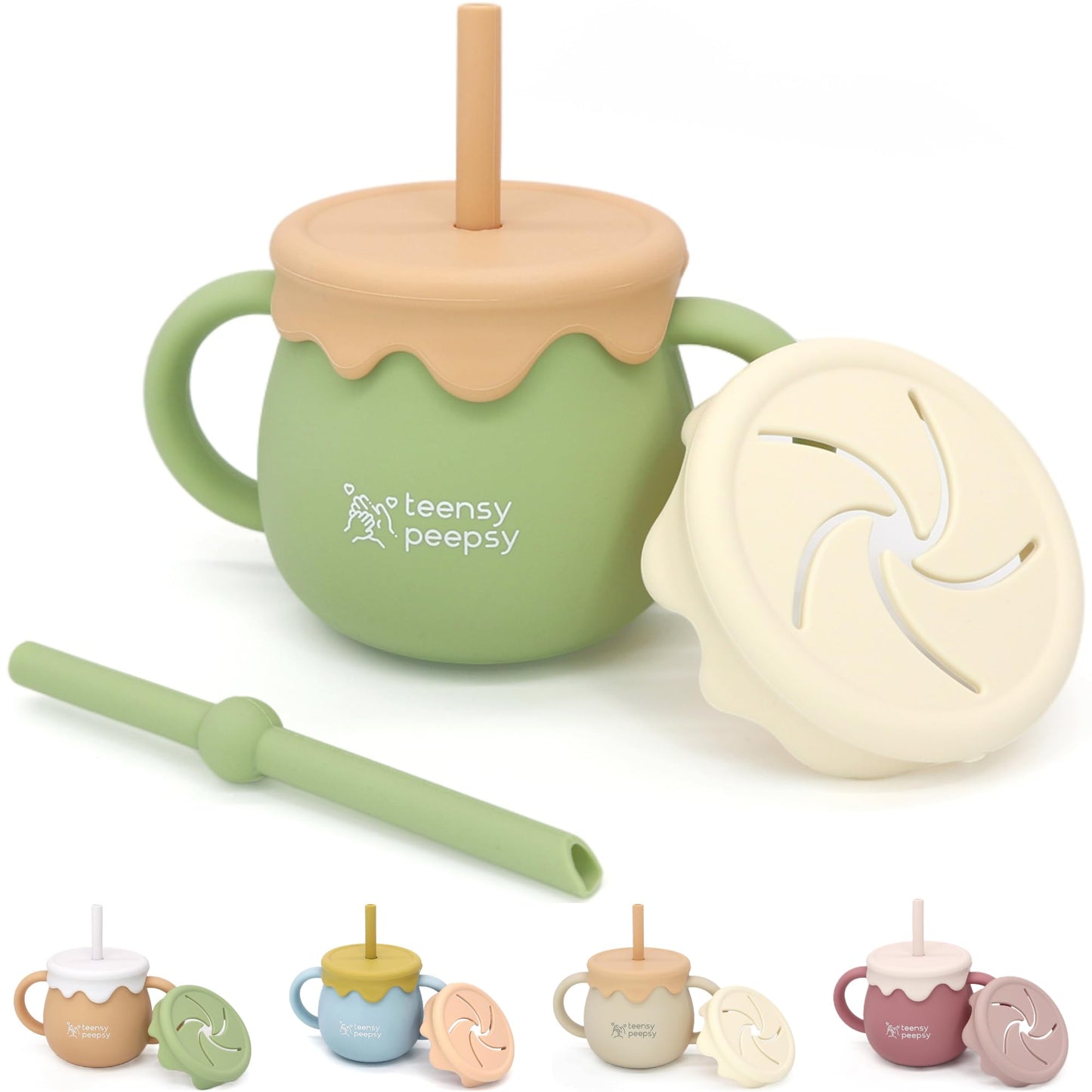 teensy peepsy Honey Pot 2-in-1 Silicone Training Cup 8.5oz Baby Sippy Cup with Straw & Snack Cup for 6 months+ Straw Cup for Baby Boy Gift Toddler Smoothie Cup (PeaPod  Green)
