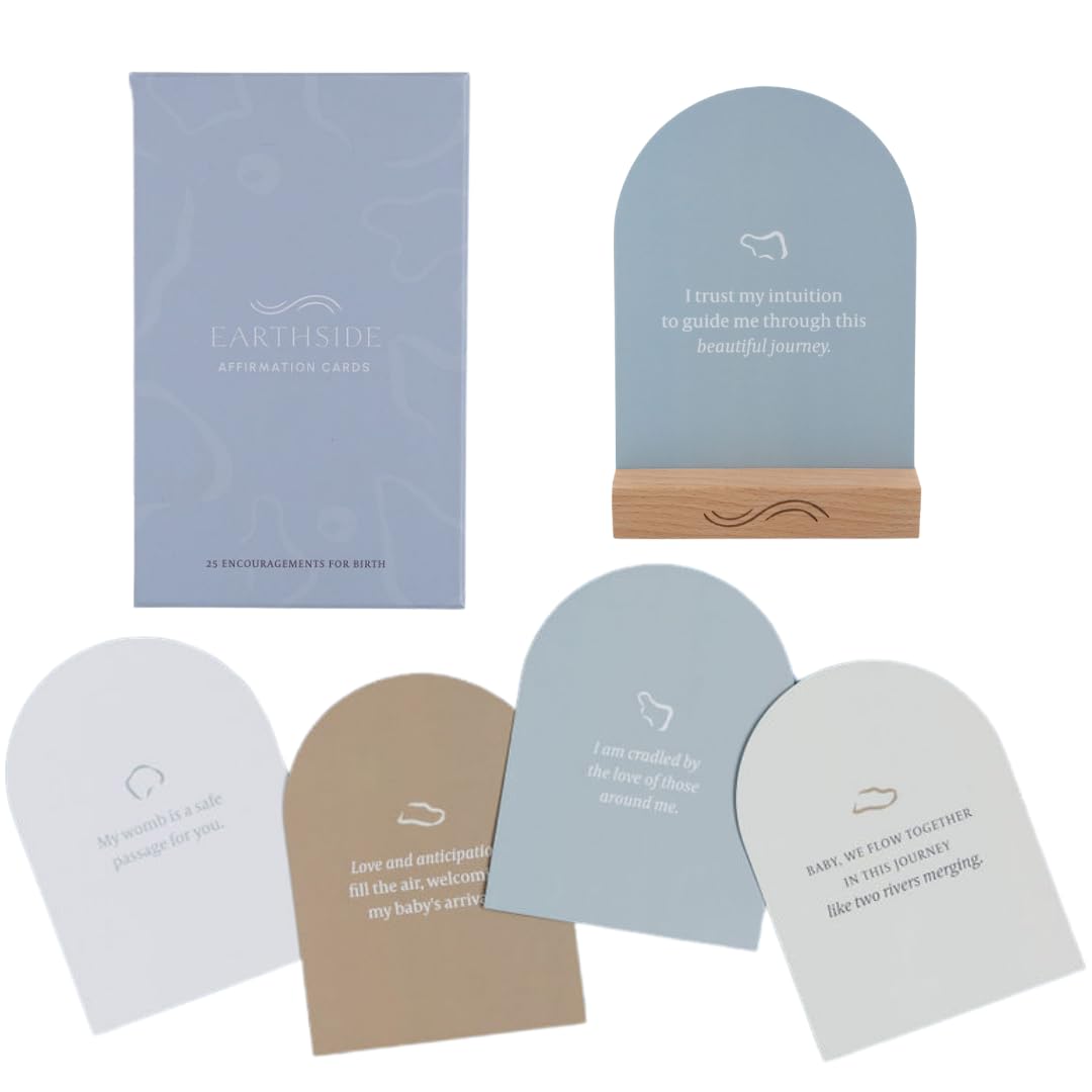 Earthside Birth Pool Affirmation Cards for Pregnancy & Birth - Set of 25 Positive Affirmations with Wooden Card Stand for Labor and Delivery - Must Haves Essentials for New Mom Hospital Bag and Gifts