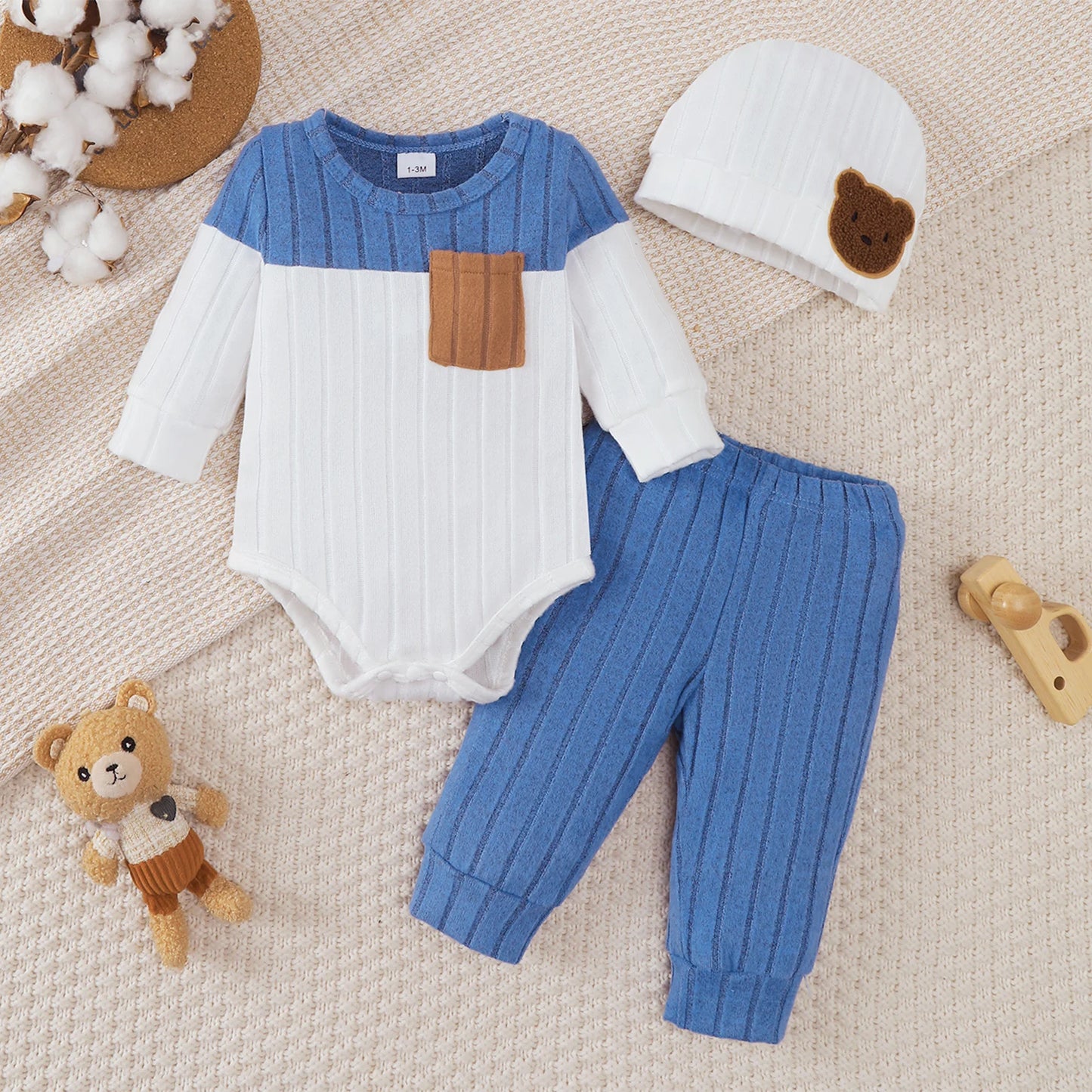 0-18 Month Baby Boy Autumn Round neck Fashion Blocked Bodysuit + Pants + Hat 3Pcs/set