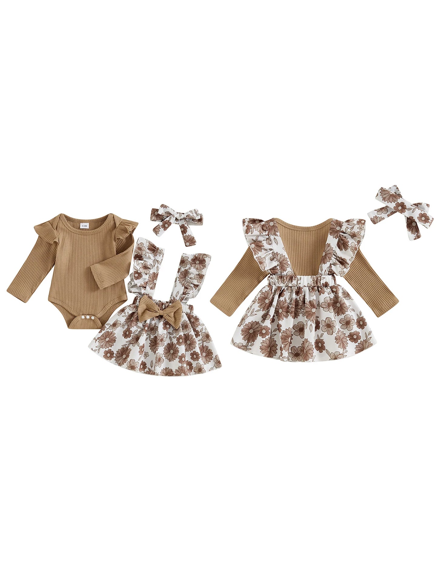 Spiced Harvest Long Sleeve Ribbed Romper + Suspender-Skirt + Headband 3 Piece Set  0-18M
