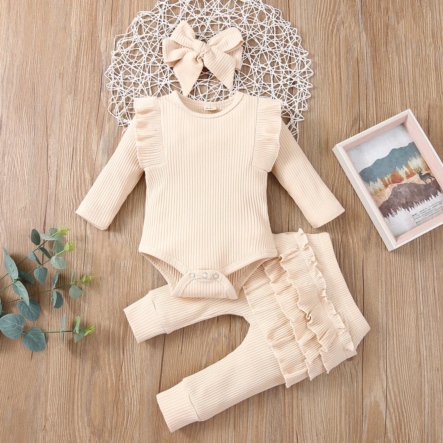 Sweet Girls Fall Cotton Lace Ruffle Bodysuit + Pants + Headband
