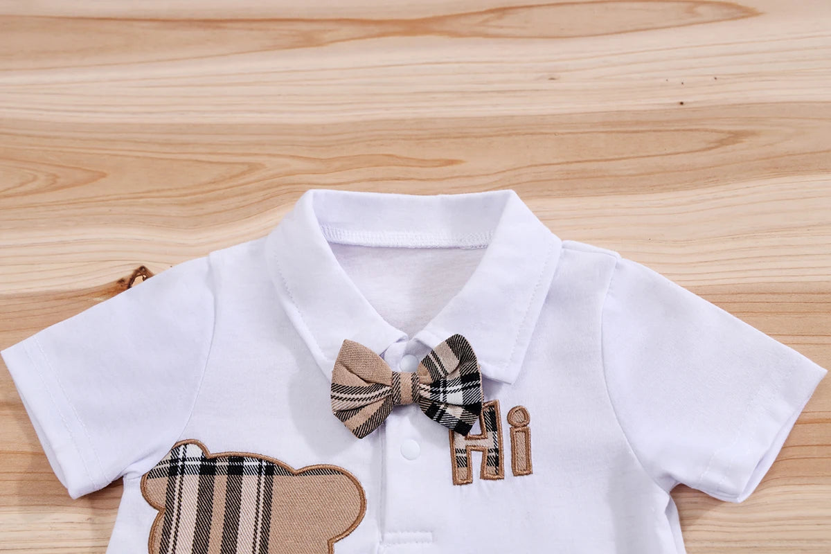 Handsome Boys Plaid Bear Bodysuit & Suspenders Overall Newborn Outfits 0-18M