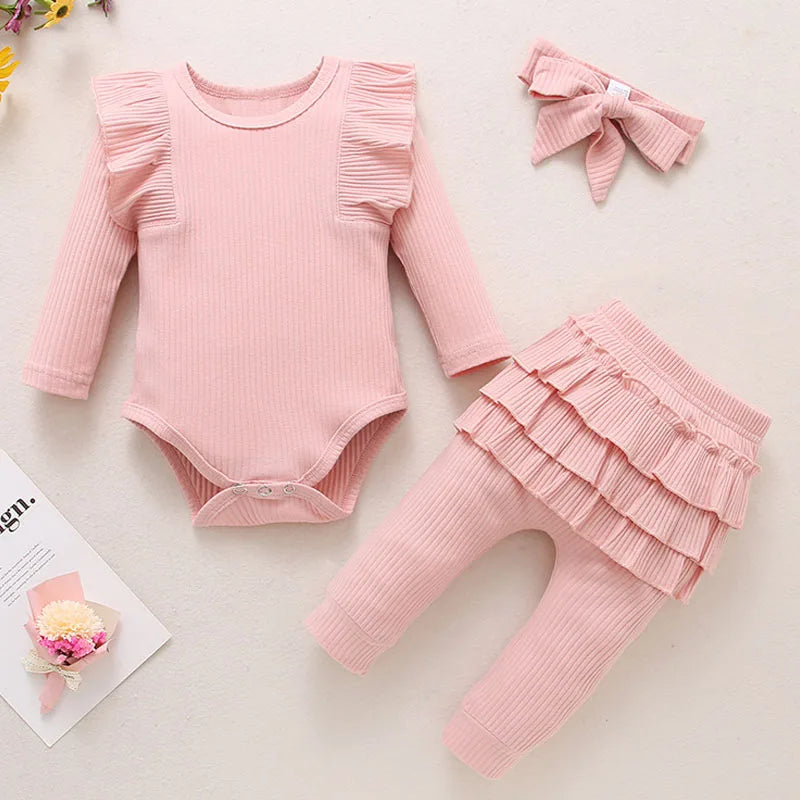 Sweet Girls Fall Cotton Lace Ruffle Solid Print Bodysuit + Pants + Headband