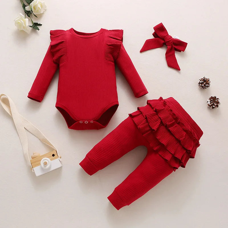 Sweet Girls Fall Cotton Lace Ruffle Solid Print Bodysuit + Pants + Headband