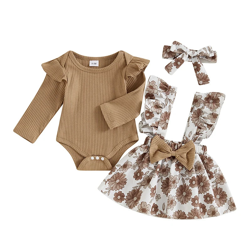Spiced Harvest Long Sleeve Ribbed Romper + Suspender-Skirt + Headband 3 Piece Set  0-18M