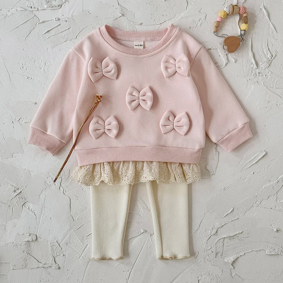 Bow Sweater- Pink and Cream Sweater and Pant Set with Bows and Lace Hem 6m-3t