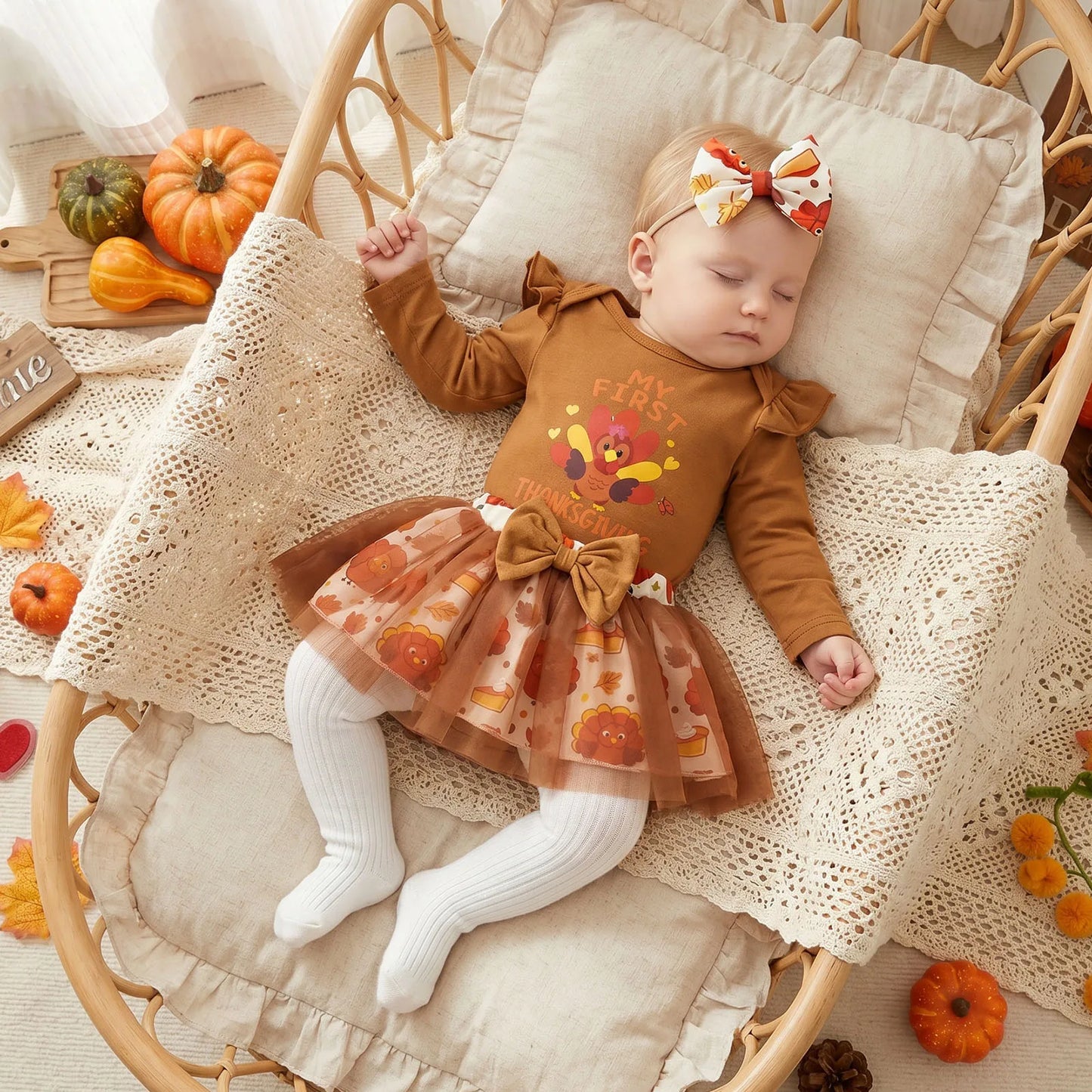 Adorable "My First Thanksgiving" 3 Pcs Outfit: Long Sleeve Romper and Mesh Skirt with Bow Headband - Set