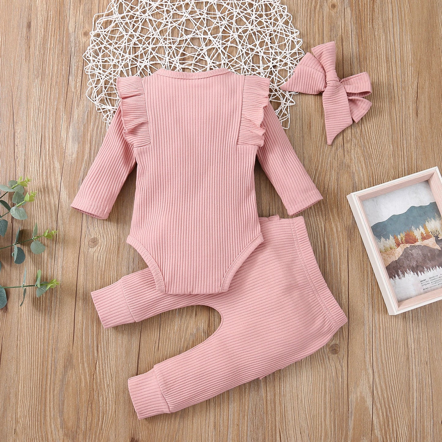 Sweet Girls Fall Cotton Lace Ruffle Bodysuit + Pants + Headband