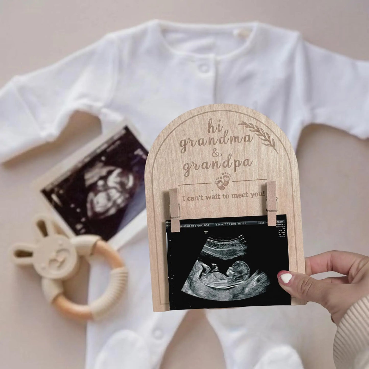 "Can't Wait to Meet You": Grandparent Or Parent Ultrasound Announcement Gift Frame, Rustic Basswood