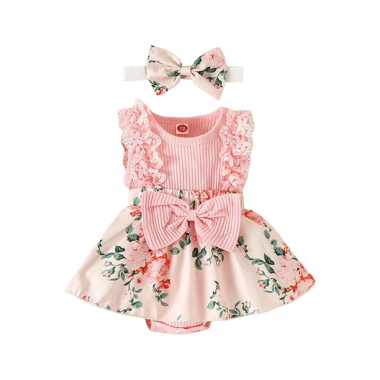 Adorable 2-piece Floral  Baby Romper Dress and Bow Set  0-18M