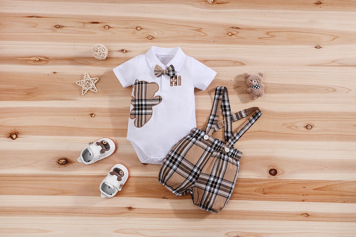 Handsome Plaid Bear Bodysuit & Suspenders Overall Newborn Outfits 0-18M