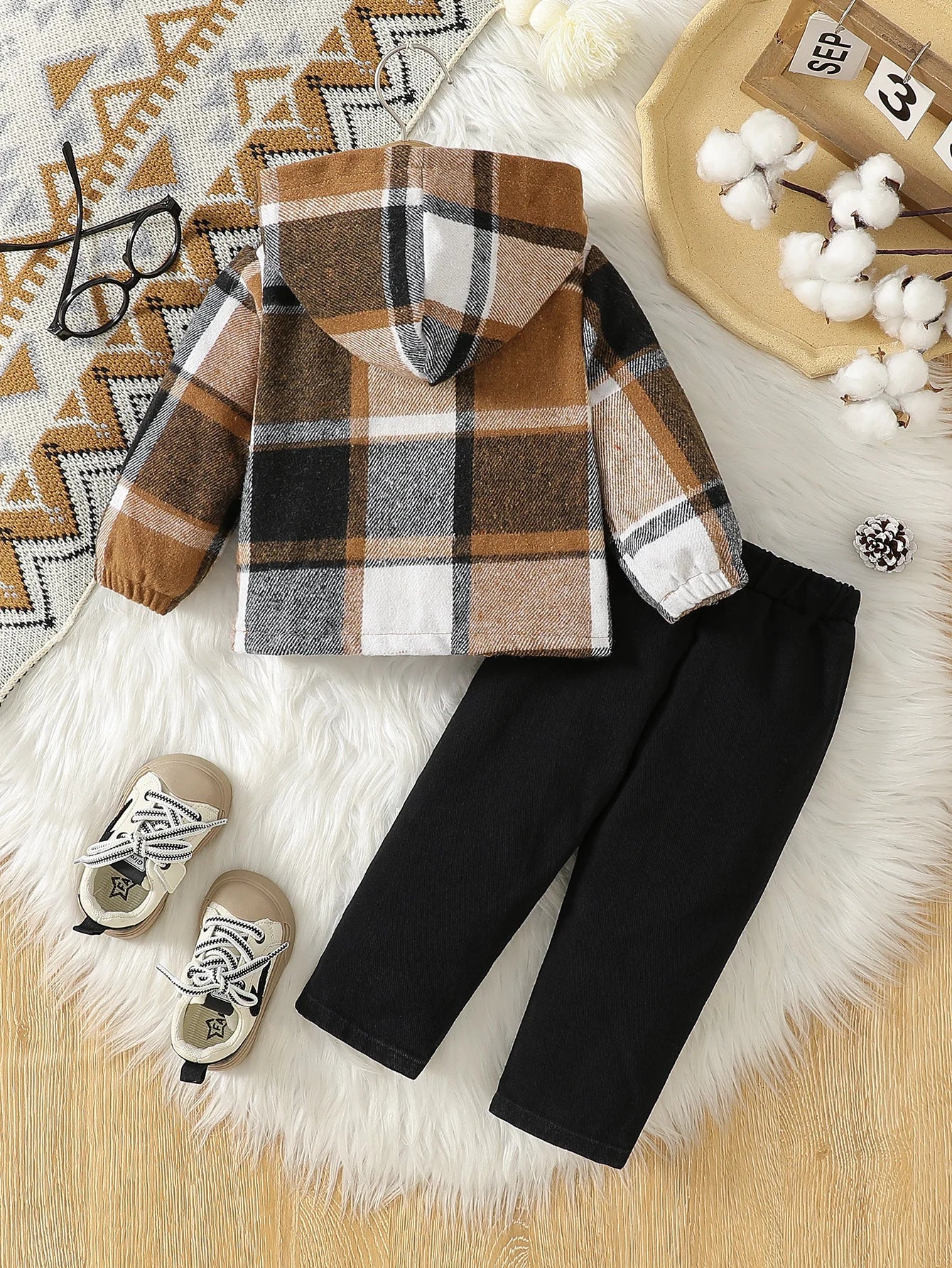 Harvest Tan and Black Striped Plaid Hooded Jacket two piece: Vintage Inspired 3m-3t