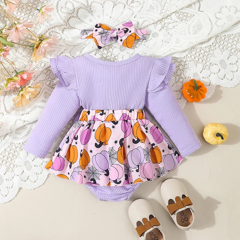 Harvest Romper Dress with Long Sleeves and Bows plus Headband- Set