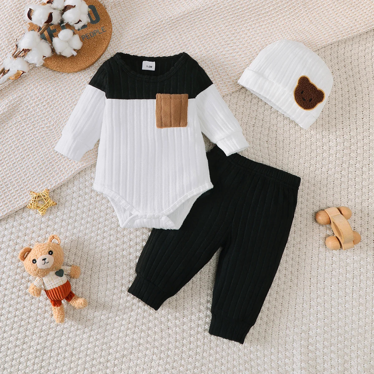 0-18 Month Baby Boy Autumn Round neck Fashion Blocked Bodysuit + Pants + Hat 3Pcs/set