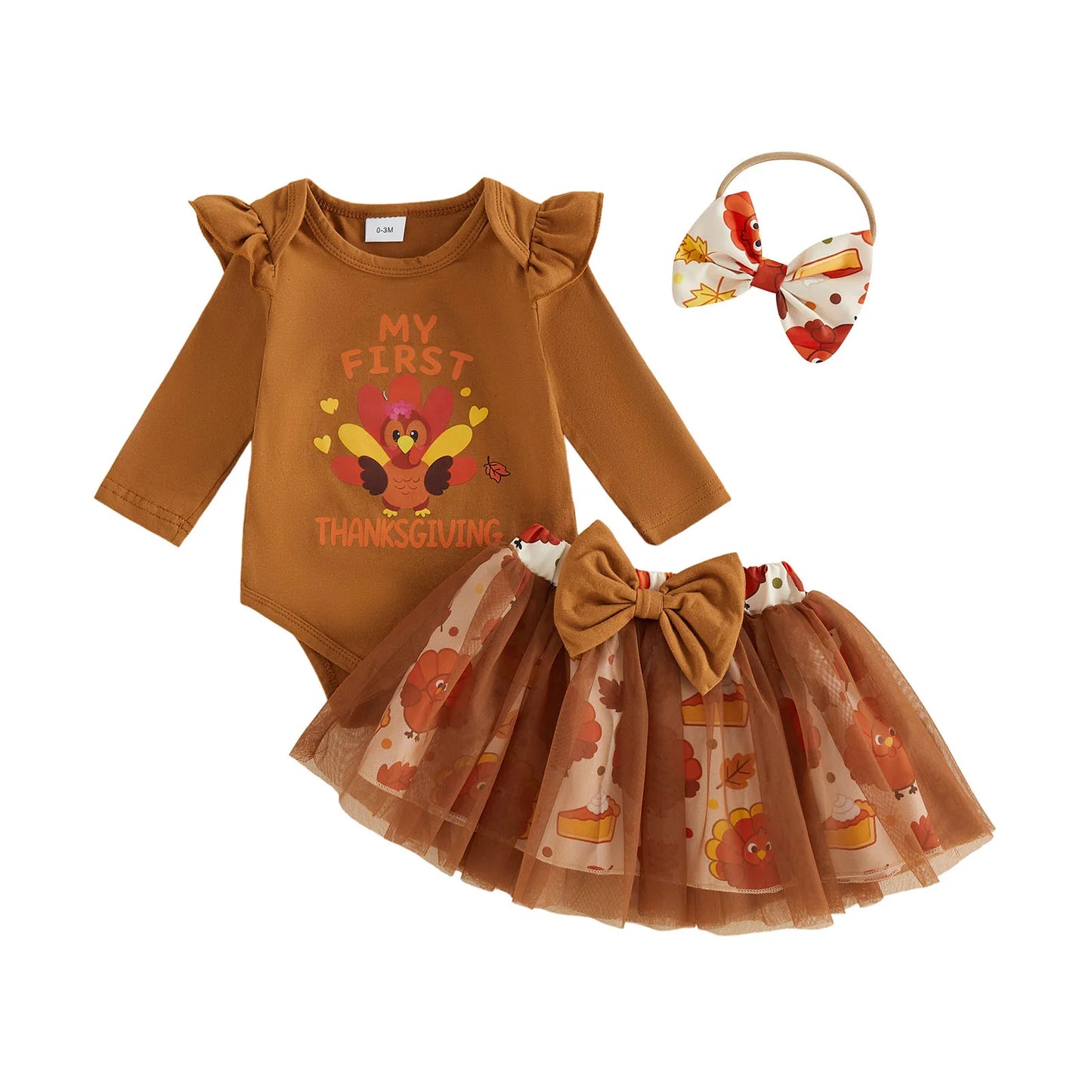 Adorable "My First Thanksgiving" 3 Pcs Outfit: Long Sleeve Romper and Mesh Skirt with Bow Headband - Set