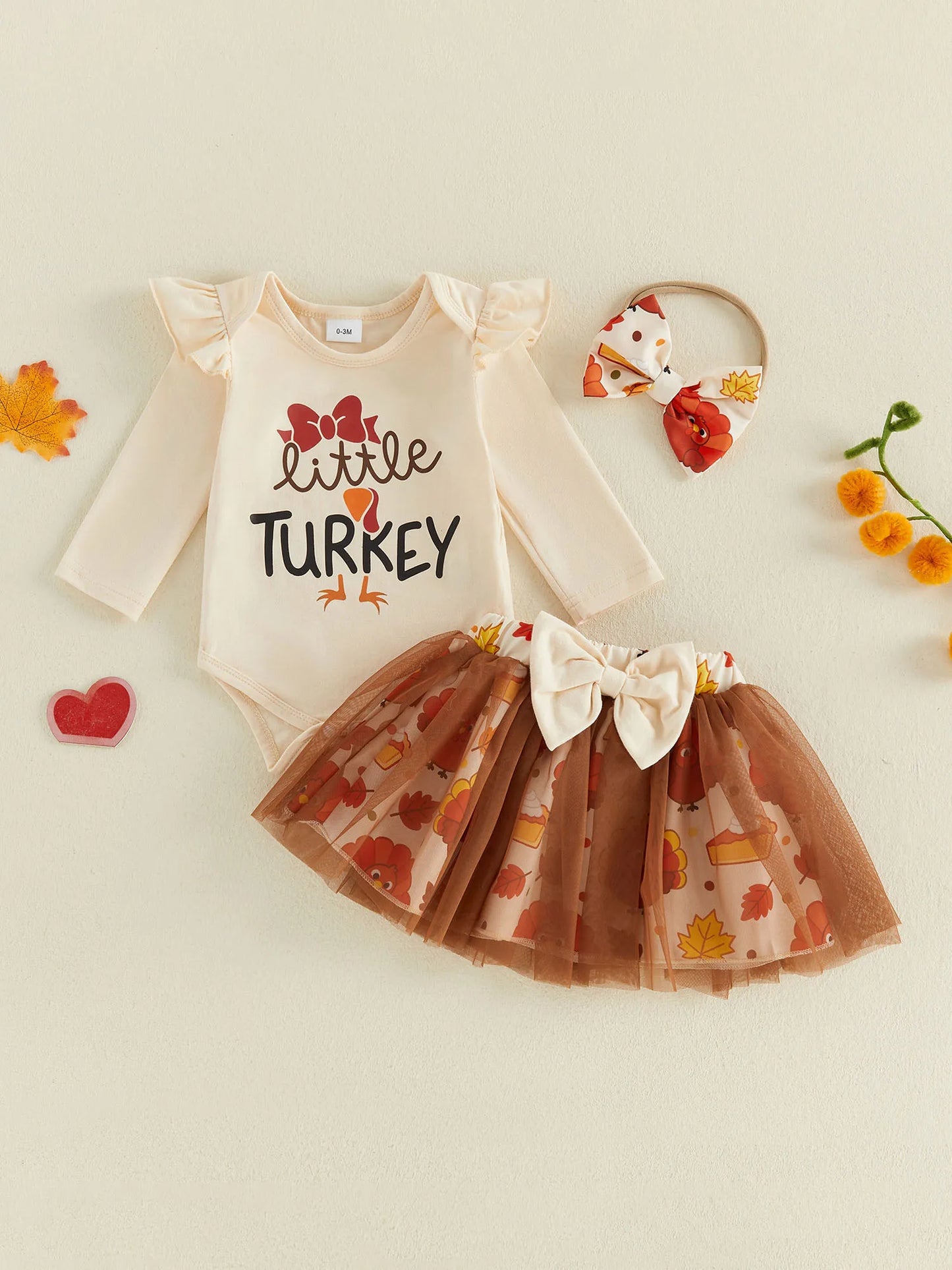Adorable "My First Thanksgiving" 3 Pcs Outfit: Long Sleeve Romper and Mesh Skirt with Bow Headband - Set