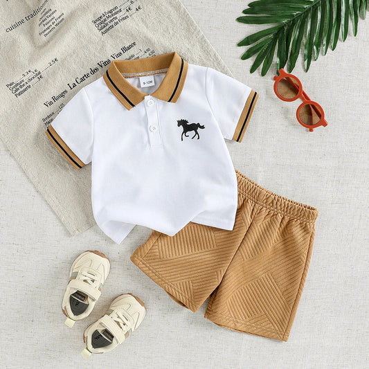 Trendy Baby Boy Sandy Beige T-shirt+Shorts  Summer Clothing Set for size 6m-3t
