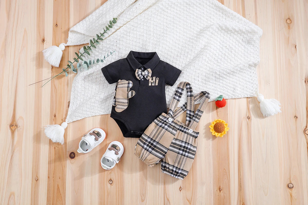 Handsome Plaid Bear Bodysuit & Suspenders Overall Newborn Outfits 0-18M