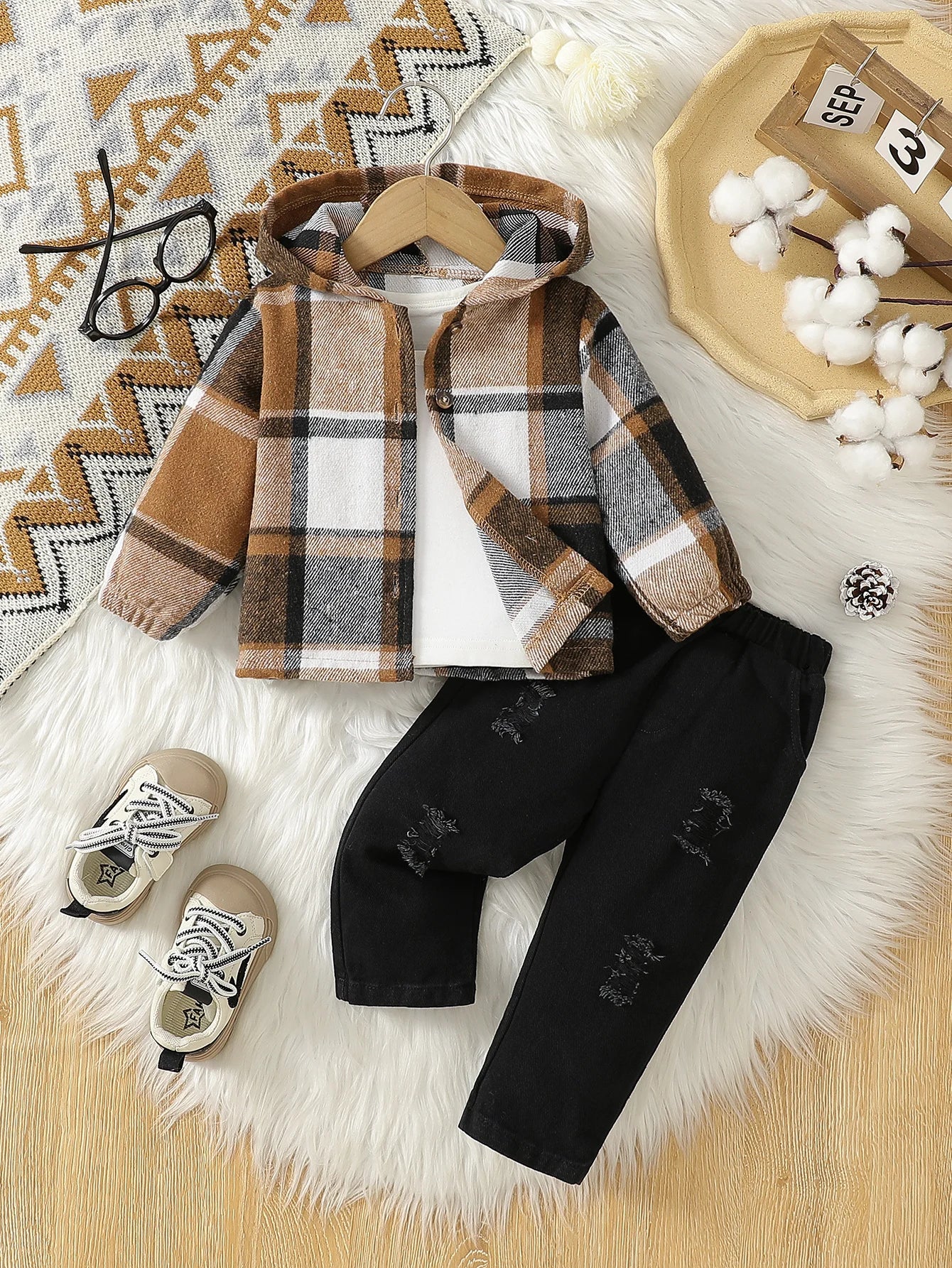 Harvest Tan and Black Striped Plaid Hooded Jacket two piece: Vintage Inspired 3m-3t