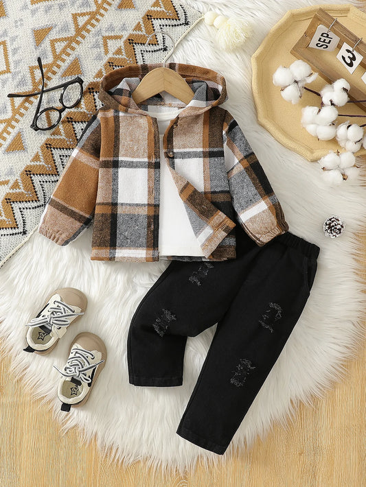 Harvest Tan and Black Striped Plaid Hooded Jacket two piece: Vintage Inspired 3m-3t