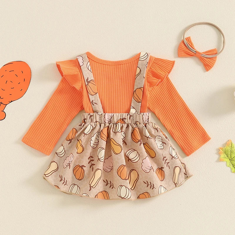 Harvest Dress: Long Sleeve Romper and Pumpkin Print Turkey Suspender-Skirt with Cute Headband (3 Piece)