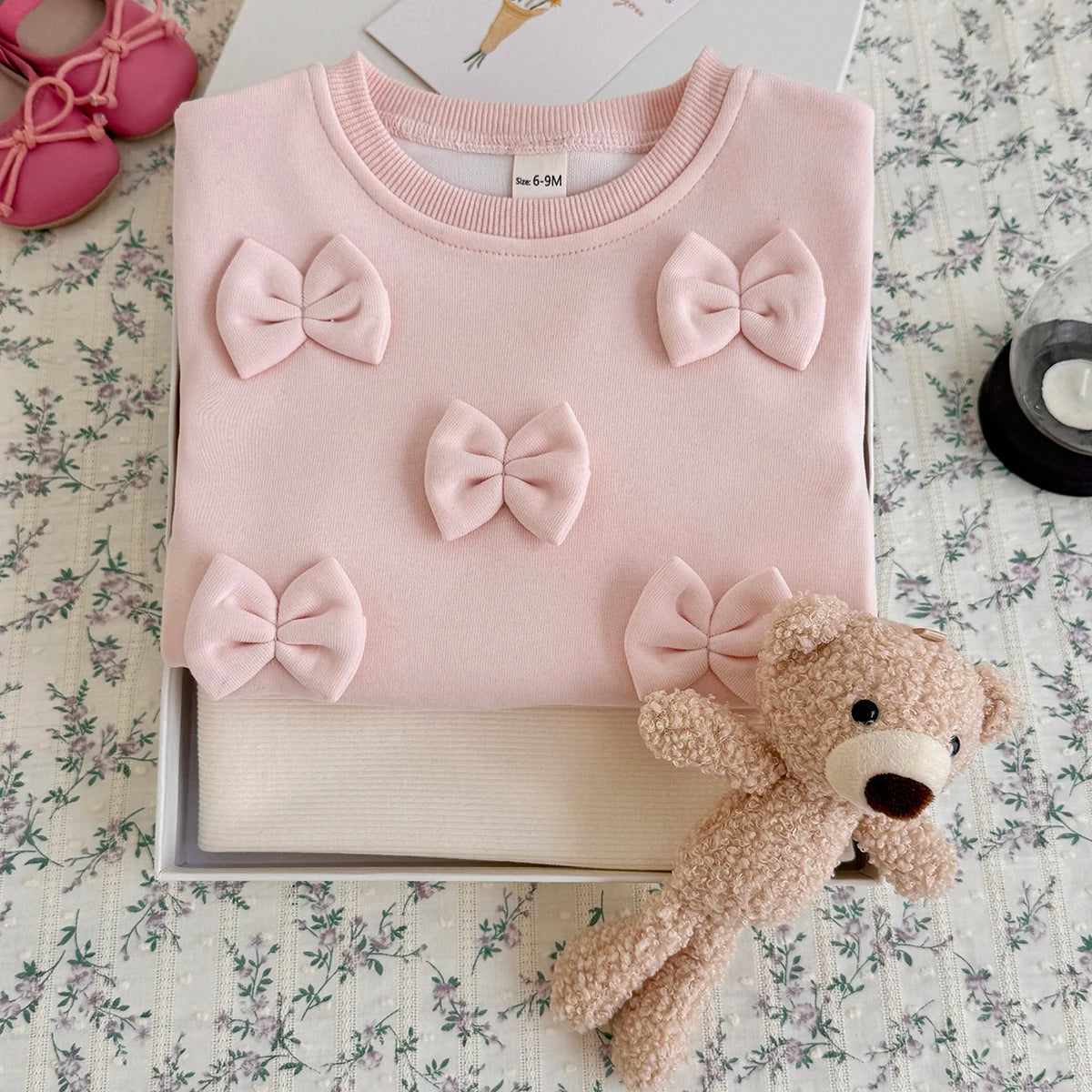 Bow Sweater- Pink and Cream Sweater and Pant Set with Bows and Lace Hem 6m-3t