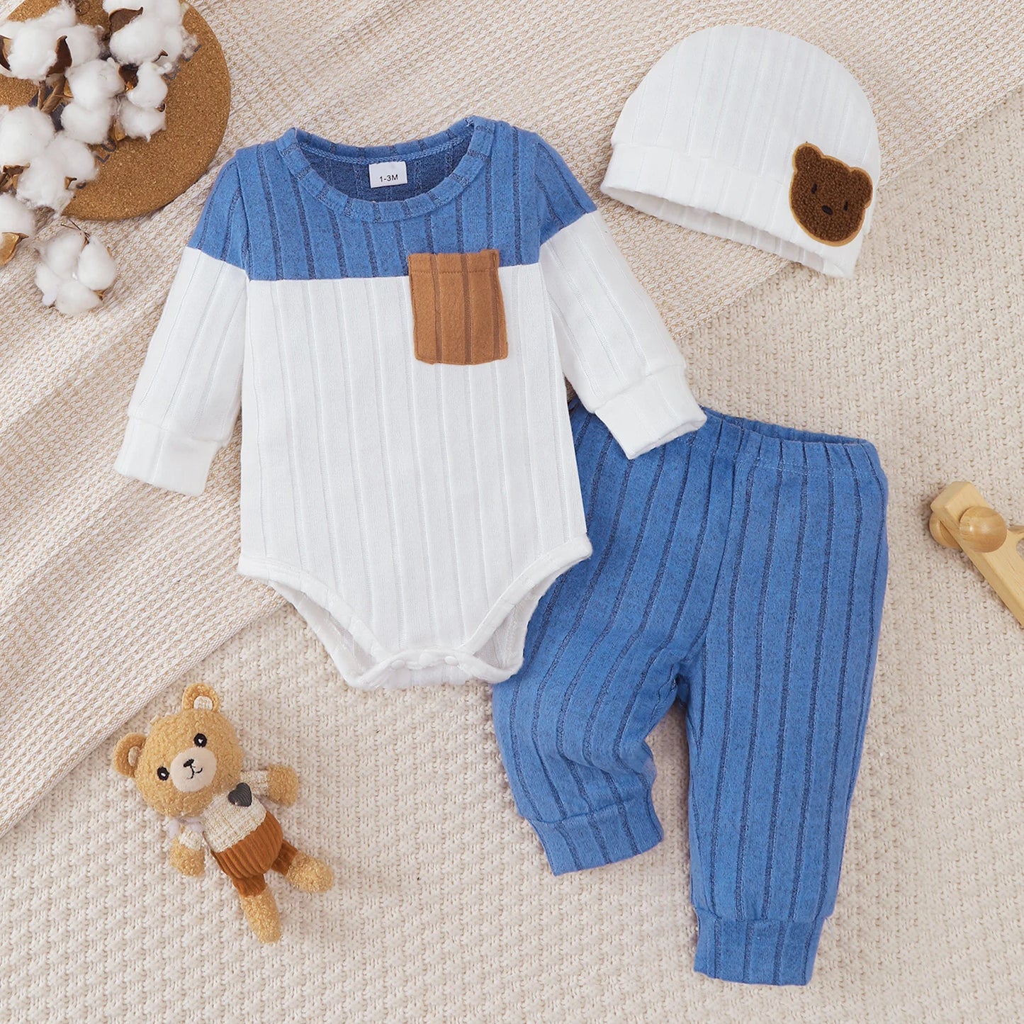 0-18 Month Baby Boy Autumn Round neck Fashion Blocked Bodysuit + Pants + Hat 3Pcs/set