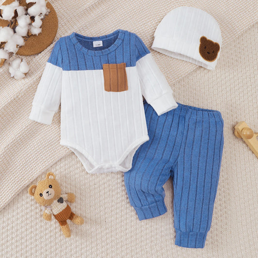 0-18 Month Baby Boy Autumn Round neck Fashion Blocked Bodysuit + Pants + Hat 3Pcs/set