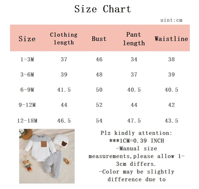 0-18 Month Baby Boy Autumn Round neck Fashion Blocked Bodysuit + Pants + Hat 3Pcs/set