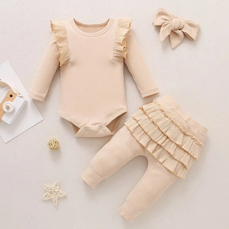 Sweet Girls Fall Cotton Lace Ruffle Solid Print Bodysuit + Pants + Headband