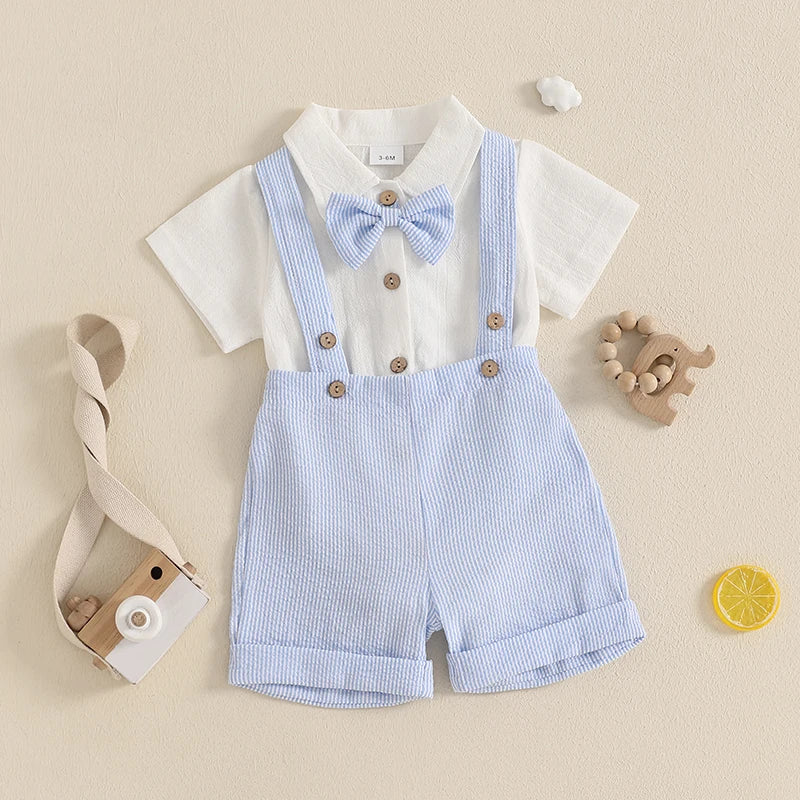 The Little Gentleman Outfit: Short Sleeve Lapel Neck Shirt Romper + Stripe Suspender Shorts + Bowtie
