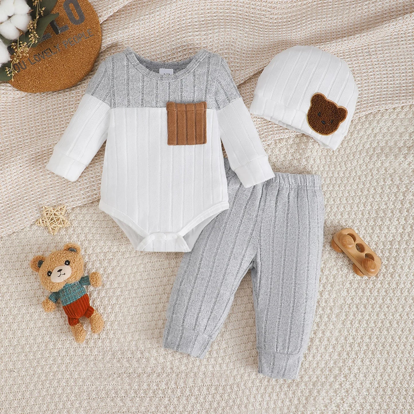 0-18 Month Baby Boy Autumn Round neck Fashion Blocked Bodysuit + Pants + Hat 3Pcs/set