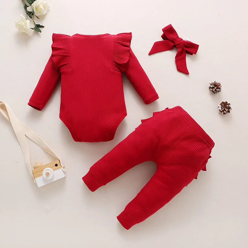 Sweet Girls Fall Cotton Lace Ruffle Solid Print Bodysuit + Pants + Headband